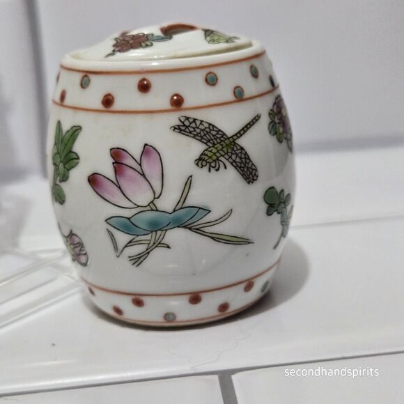 Vintage Jingdezhen China Trinket Ginger Spice Jar Mini 2.5" Dragonfly Floral - Picture 3 of 8
